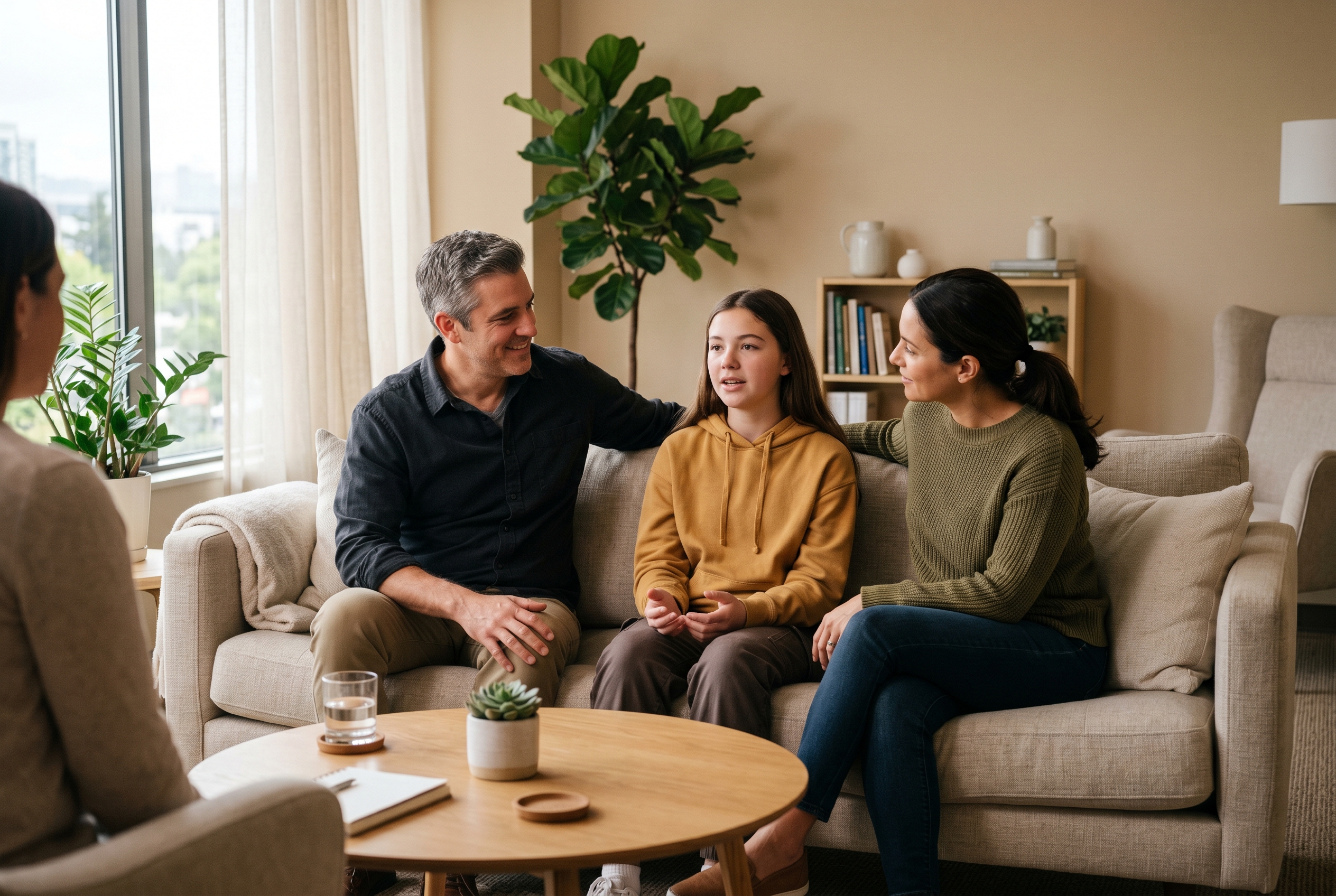 A family of three engaged in an open, supportive therapy session with their counselor