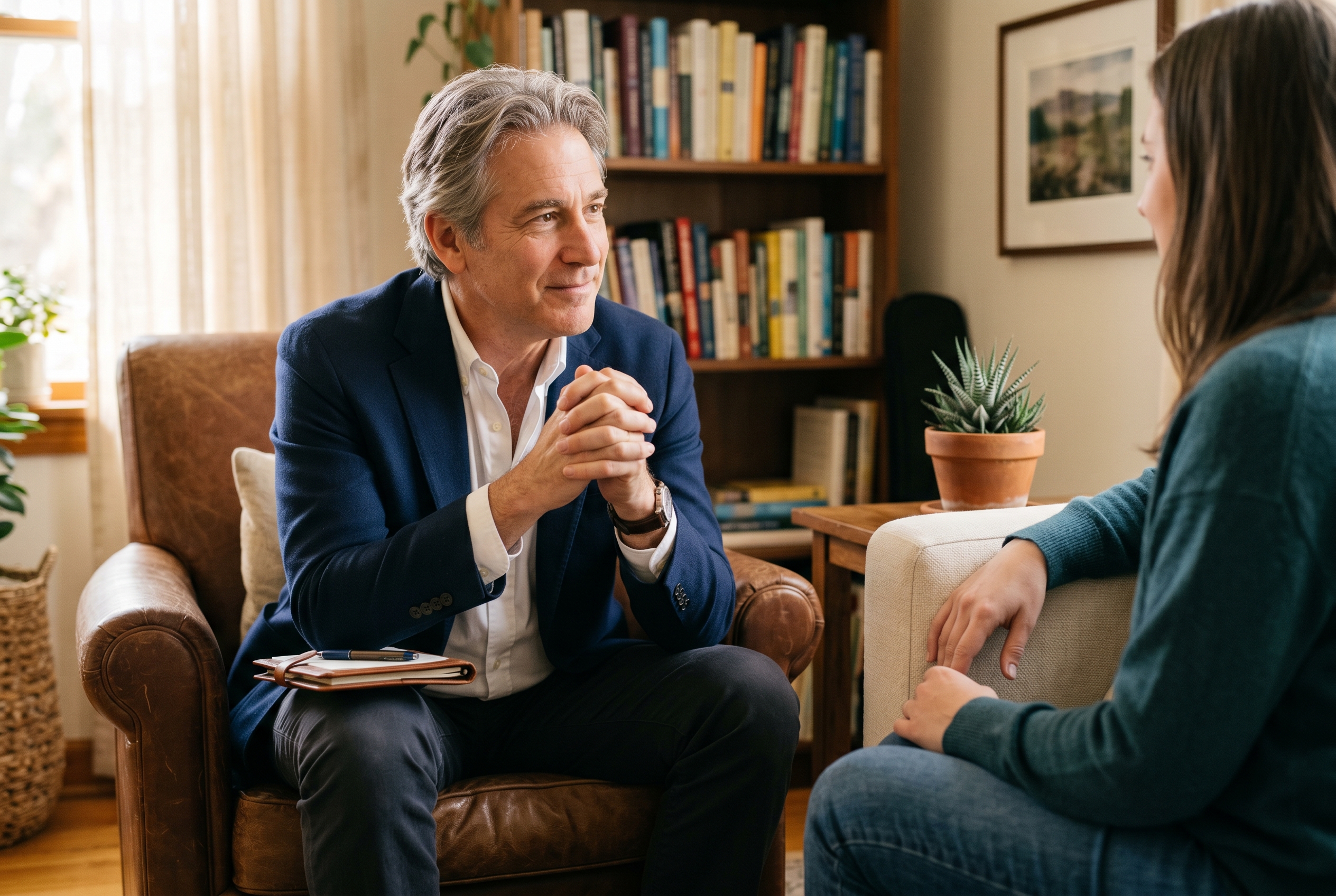 A therapist and client engaged in a warm one-on-one counseling session in a comfortable office