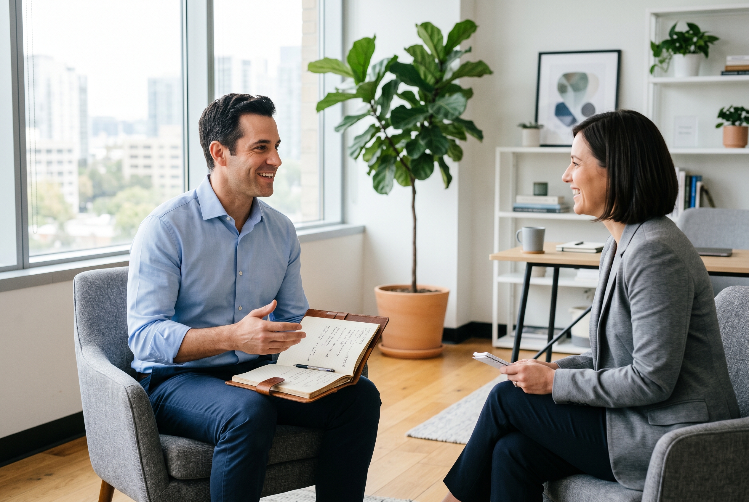 A client engaged in an energized life coaching session, taking notes in a bright professional office