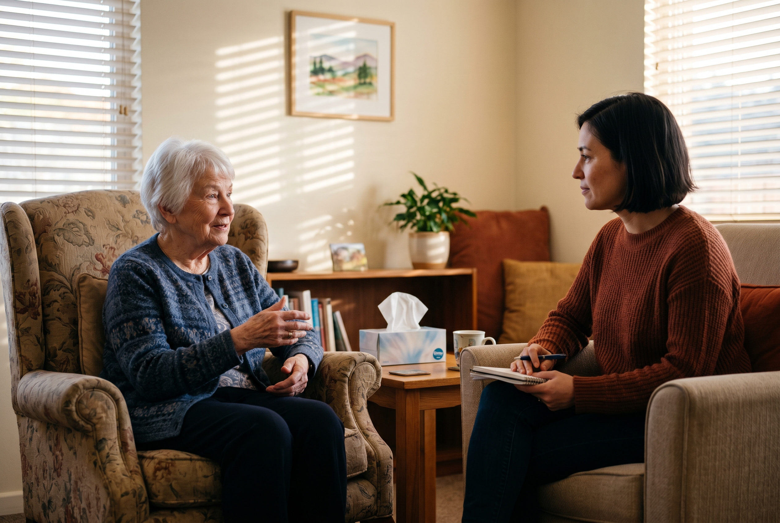 An older adult speaking openly with a compassionate therapist in a warm, comfortable setting